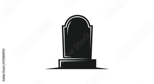 A stark black silhouette of a classic tombstone stands isolated against a clean white background silhouette