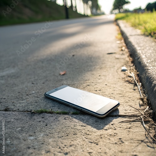 A smartphone lies forgotten on the concrete sidewalk next to the road