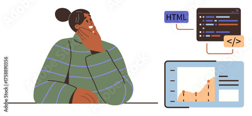 Person in striped sweater pondering code snippets and analytical chart with upward trend. Ideal for technology, learning, coding, analytics, problem-solving, programming, growth concepts. Simple flat