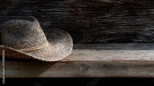 Close-up of a straw hat resting on a wooden surface. the hat is tilted slightly to the side, with the brim facing upwards.