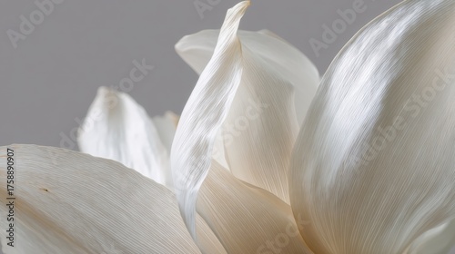 Close-up of a group of white tulips. the petals of the tulips are arranged in a way that they are overlapping each other, creating a sense of depth and dimension.