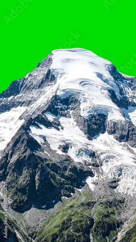 Snow capped mountain peak with green screen background