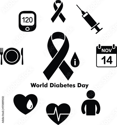 World diabetes day icons symbolizing health awareness and care for diabetes management