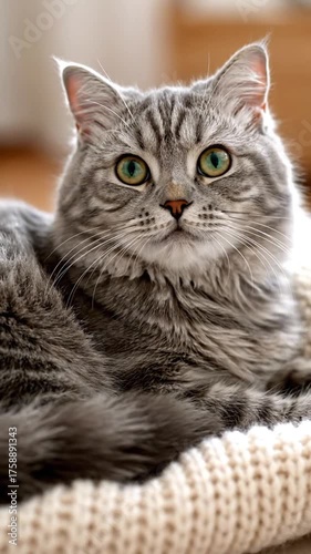 Close up of a fluffy gray cat with green eyes indoors resting