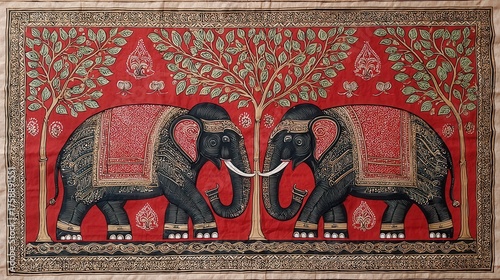 An artistic depiction of two elephants standing face to face under two trees in a symmetrical design. The elephants are painted with intricate details and are set against a vibrant red background