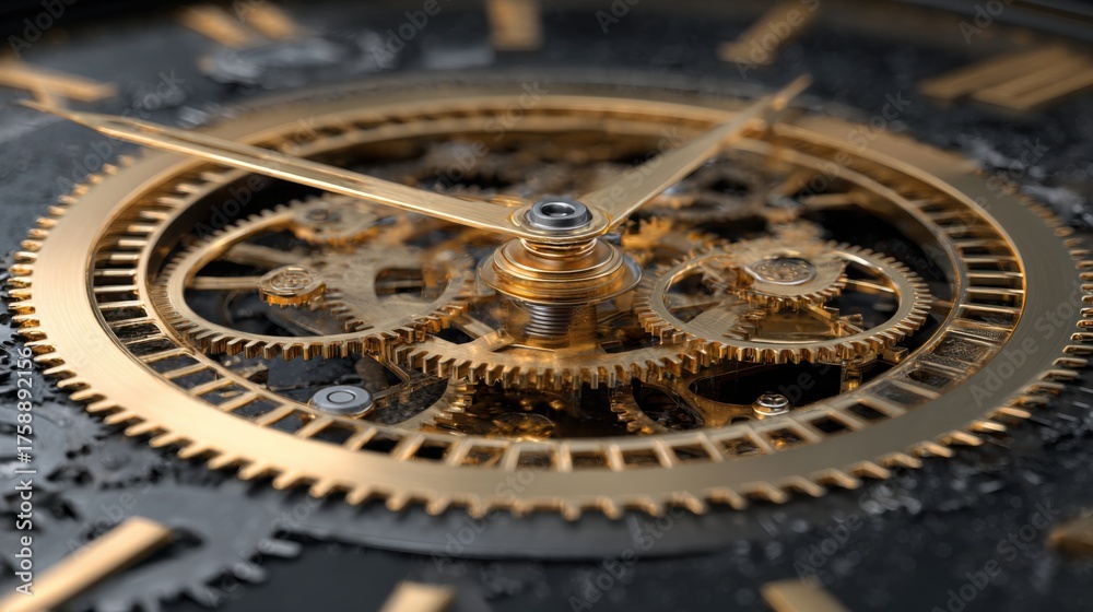 Fototapeta premium Close-up of a golden vintage clock with intricate gears. The hands of the clock point to a specific time, adding a sense of elegance and sophistication to the scene