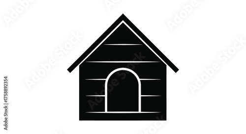 A simple black silhouette of a classic dog house with a peaked roof and arched doorway on a white background silhouette