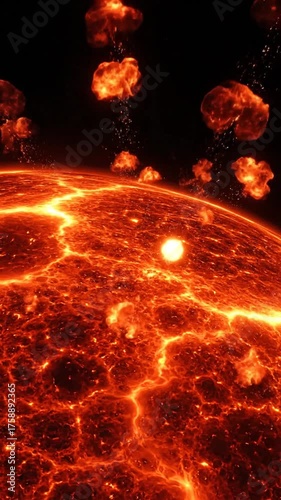Fiery explosion above a lava planet surface with burning lava terrain