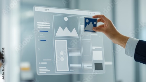 Hand Arranging Content on a Digital Publishing Layout Interface. digital editor hand dragging an image block on a clean, translucent digital publishing interface. The interface shows a magazine