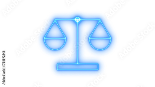 Glowing neon justice scales icon isolated on transparent background. Law symbol. Fairness sign. Equality concept. Legal system.