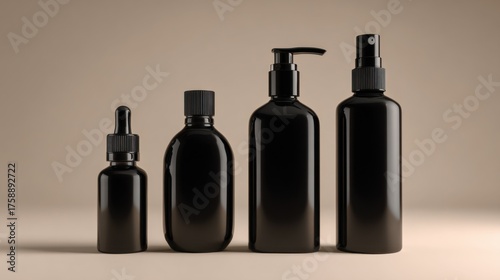 Elegant set of black cosmetic bottles. The containers are sleek and modern, perfect for product display