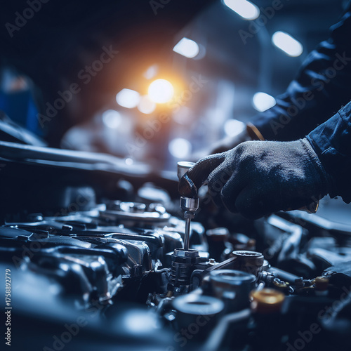  Mechanic Tightening Bolt Under Car Hood Detailed Wrench Repair Hands Engine Bay Overhead Fluorescent Lighting Automotive Service Commercial Style