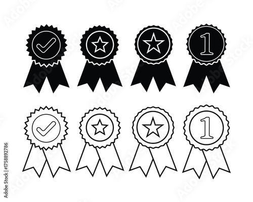 Collection of achievement badge icons checkmarks, stars, and number one