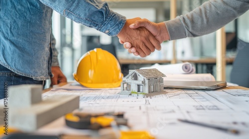 A handshake between two people signifies agreement on construction project. On the table, various elements related to project are placed, symbolizing collaboration and planning