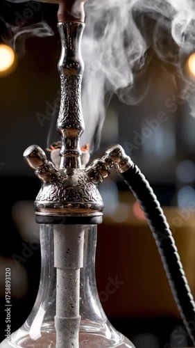 Close up of a hookah with smoke billowing against blurred background