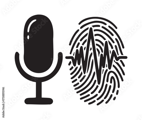 Black silhouette of a microphone next to a fingerprint with an audio wave integrated, symbolizing voice recognition technology.