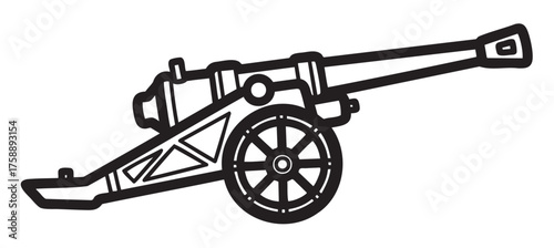 Black outline of a vintage cannon with a long barrel and intricate wheel design, showcasing historical warfare technology.