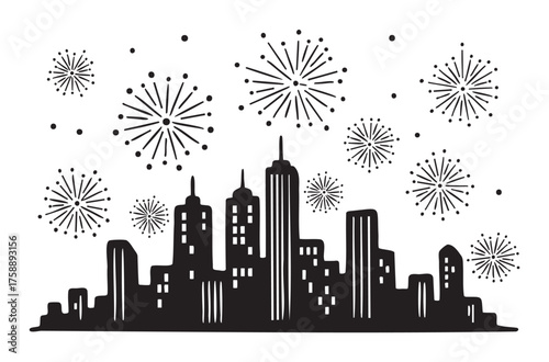 Black silhouette of a city skyline with fireworks exploding in the night sky, creating a festive and celebratory atmosphere.