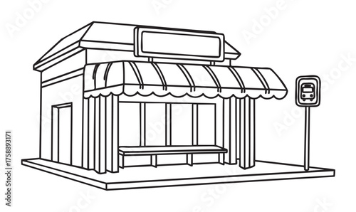 Black outline drawing of a small building with an awning and a blank sign, next to a bus stop sign on the sidewalk.