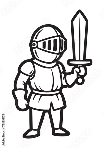 Wallpaper Mural Black and white cartoon knight holding a sword, wearing a helmet and armor, standing upright in a confident pose. Torontodigital.ca