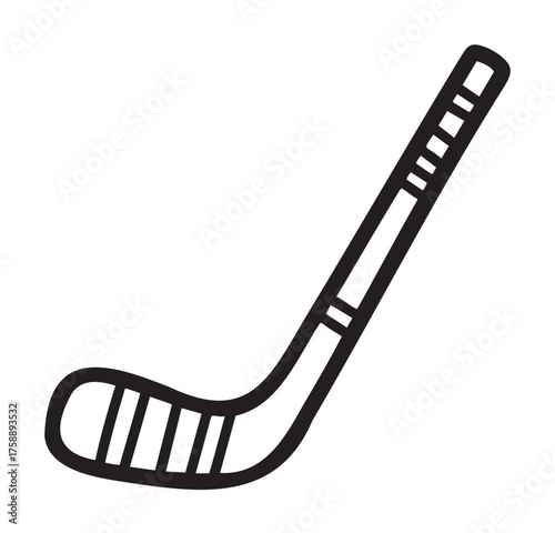 Black outline icon of a simple hockey stick with a curved blade, showcasing minimal linear design for sports and recreational concepts.