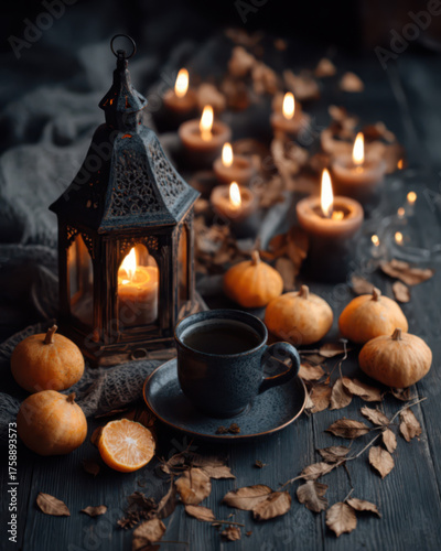 Wallpaper Mural Halloween ceramic mug mockup on black wooden table, glowing candlelight, small pumpkins and dry leaves around Torontodigital.ca