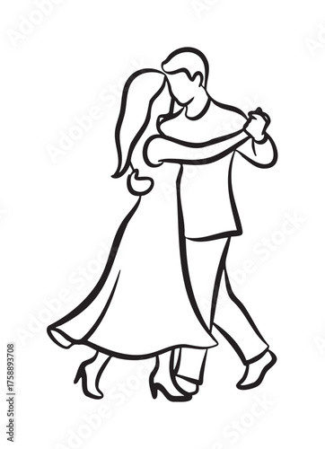 Black and white outline drawing of a couple dancing gracefully, showcasing elegant movement and flow in their steps.