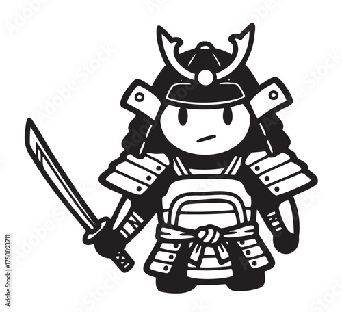 Black and white cartoon samurai character holding a sword, wearing traditional armor and helmet with an expressionless face.