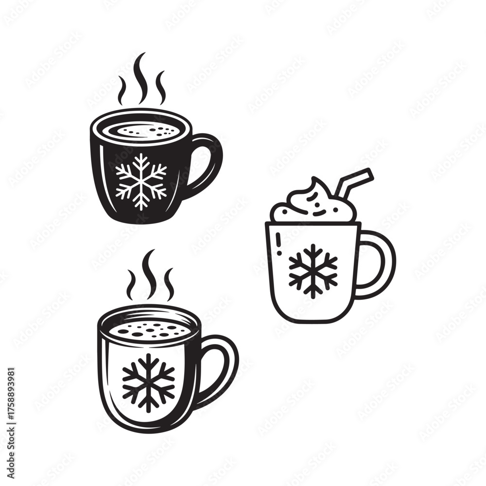 Obraz premium Cozy winter drinks snowflake themed hot chocolate coffee tea mugs set