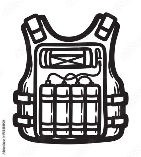 Black outline drawing of an explosive vest with visible wiring and components in a minimalistic style, suggesting danger and caution.
