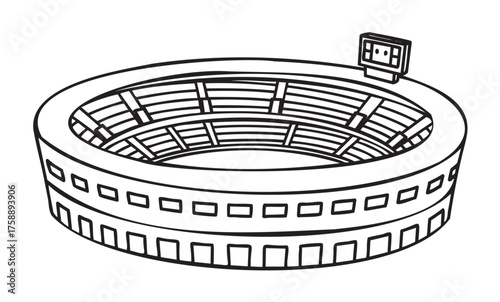 Black outline vector icon of a circular sports stadium with tiered seating and a large screen. minimal linear drawing for events, sports, and entertainment concepts.