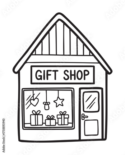 Black outline drawing of a quaint gift shop with a prominent storefront window displaying a variety of wrapped presents and hanging ornaments.