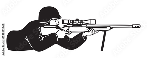 Black and white illustration of a soldier in a prone position aiming with a sniper rifle, featuring a focus on precision and military tactics.