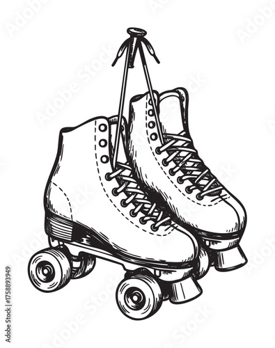 Black and white hand-drawn illustration of a pair of vintage roller skates hanging by their laces, showcasing classic design elements and sturdy wheels.