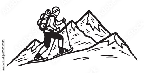 Black outline illustration of a person hiking with trekking poles in front of a mountainous background, wearing a backpack and winter gear.