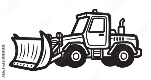 Black and white drawing of a heavy-duty bulldozer with a front blade, showcasing industrial machinery design for construction and excavation.