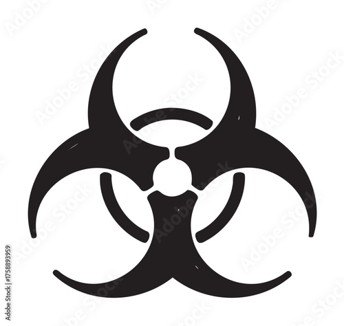 Black biohazard symbol with sharp, curved lines forming a triangular shape, representing hazardous biological materials and safety precautions.