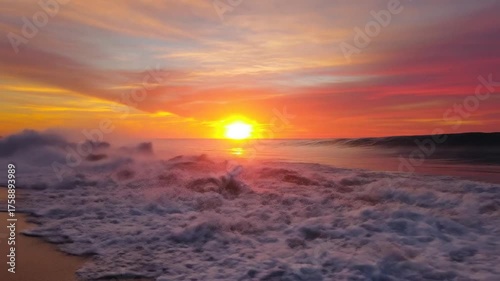 Ocean wave cresting at sunset with vibrant colors and dynamic motion