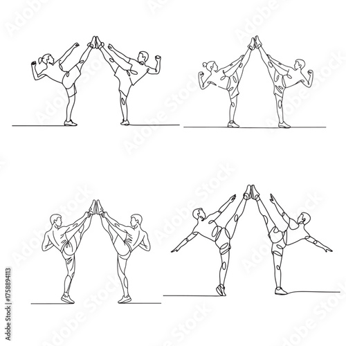 Martial arts duo performing high kicks synchronized dynamic combat training scene