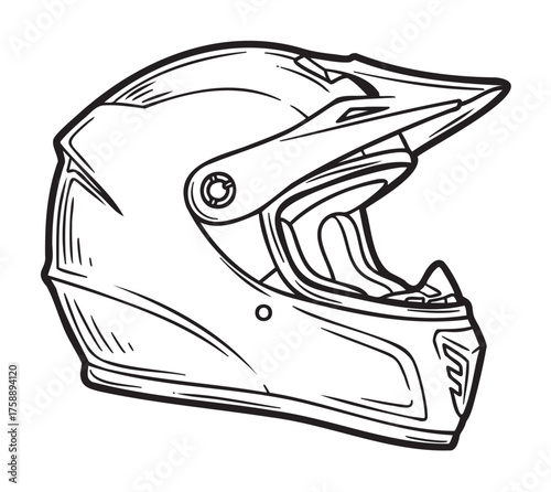 Black outline of a motocross helmet with intricate details, highlighting the visor and protective chin guard.