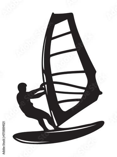 Silhouette of a person engaged in windsurfing, featuring a detailed sail and dynamic posture.