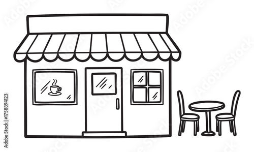 Black and white line drawing of a small café with a striped awning and an outdoor table with two chairs.