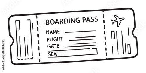 Black outline vector icon of a simple boarding pass with flight details highlighted, including sections for name, flight, gate, and seat.