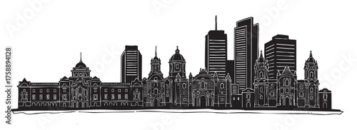 Black outline illustration of a city skyline featuring historic and modern buildings, symbolizing architectural diversity and urban development.