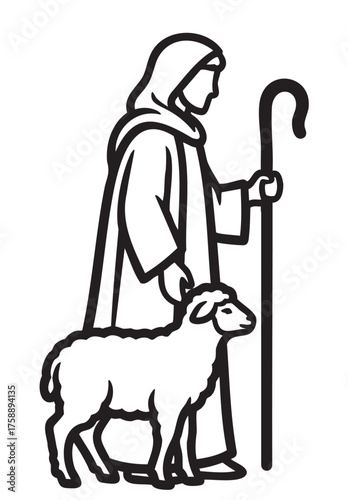 Black outline drawing of a person in a robe holding a shepherd's crook, standing beside a sheep.