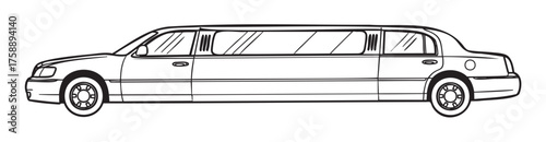 Black outline drawing of an elongated limousine with detailed windows and wheels, showcasing a side view of a luxurious vehicle.