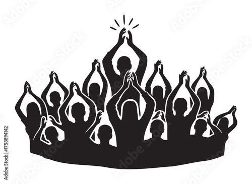 Silhouette of a diverse group of people clapping, with one figure raised above the rest, symbolizing leadership and celebration.