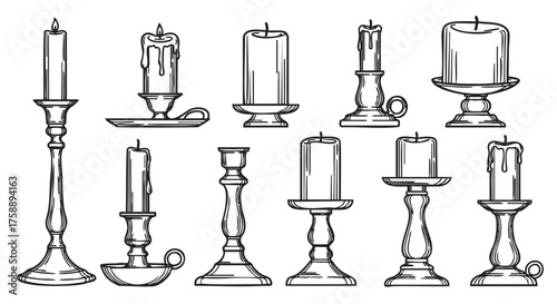 Black outline drawings of various types of candles on decorative holders, showcasing different styles and levels of wax melting.
