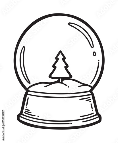 Black outline drawing of a snow globe containing a small tree, with simple lines and minimal detailing.