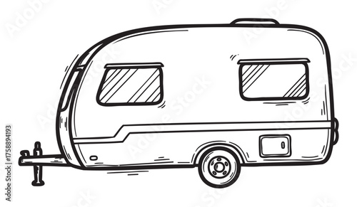 Black outline drawing of a vintage-style small travel trailer with detailed windows and a classic design. ideal for retro camping and travel themes.